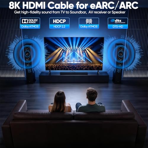 Image of HDMI ARC /eARC Cable for TV to Soundbar, 8K HDMI 2.1 Cable with 4K@120Hz /144Hz 8K@60Hz, HDR10, eARC, Dolby Atmos, DTS:X, Dolby TrueHD for HDTV, Soundbar, AV, Speaker,PS5,Computer,Monitor-6FT,2-Pack