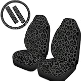 FUIBENG 5 Pcs Black Leopard Animal Printed Car Seat Cover Full Set +Auto Steering Wheel...