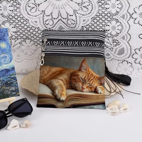 Orange Cat Book Print Crossbody Bag Birthday Holiday Present for Women & Adult Teens Sister Christmas Gift for Men Travel Adjustable Shoulder Strap Messenger Bag3
