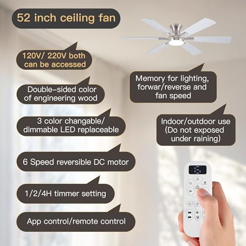 Ceiling Fans with Lights and Remote Control, Brushed Nickel Flush Mount Ceiling Fan with Light 3-Color Dimmable, Memory for Lighting and Fan Reversible, 6-Speed, Timer, Indoor/Outdoor Use, 52 Inch by OURSTAR - Used condition - Image 3