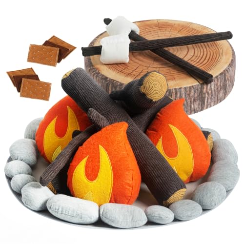 Pretend Campfire Set for Kids with S'Mores Kit & Wood Log Pillow - Soft, Safe & Durable Toy Campfire for Pretend Play & Sensory Play - Giftable Plush Felt Kids Campfire Playset for Ages 3+