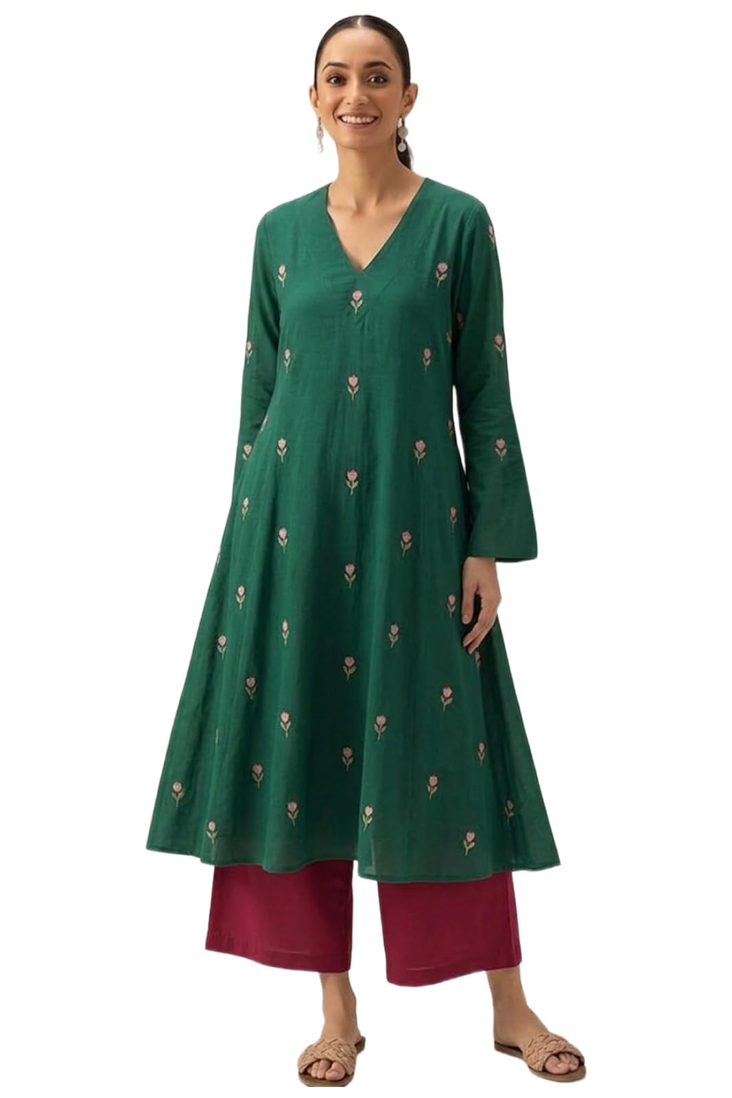 Viscose Printed A-Line Kurta with Palazzo for Women | Viscose Green | Long Sleeve | V-Neck | Ethnic Wear Casual Wear-image-10