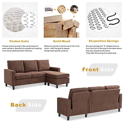 JY QAQA Convertible Sectional Sofa Couch with Reversible Chaise, L-Shaped Couch with Modern Linen Fabric for Small Space (Brown)