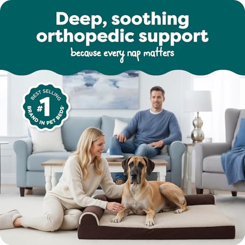 Image of FurHaven Orthopedic Dog Bed for Large Dogs, L-Shaped Chaise Contour Mattress with Solid Orthopedic Foam Slab for Joint Support, Removable Washable Cover, Jumbo Plus XXL, Faux Fur & Suede, Espresso