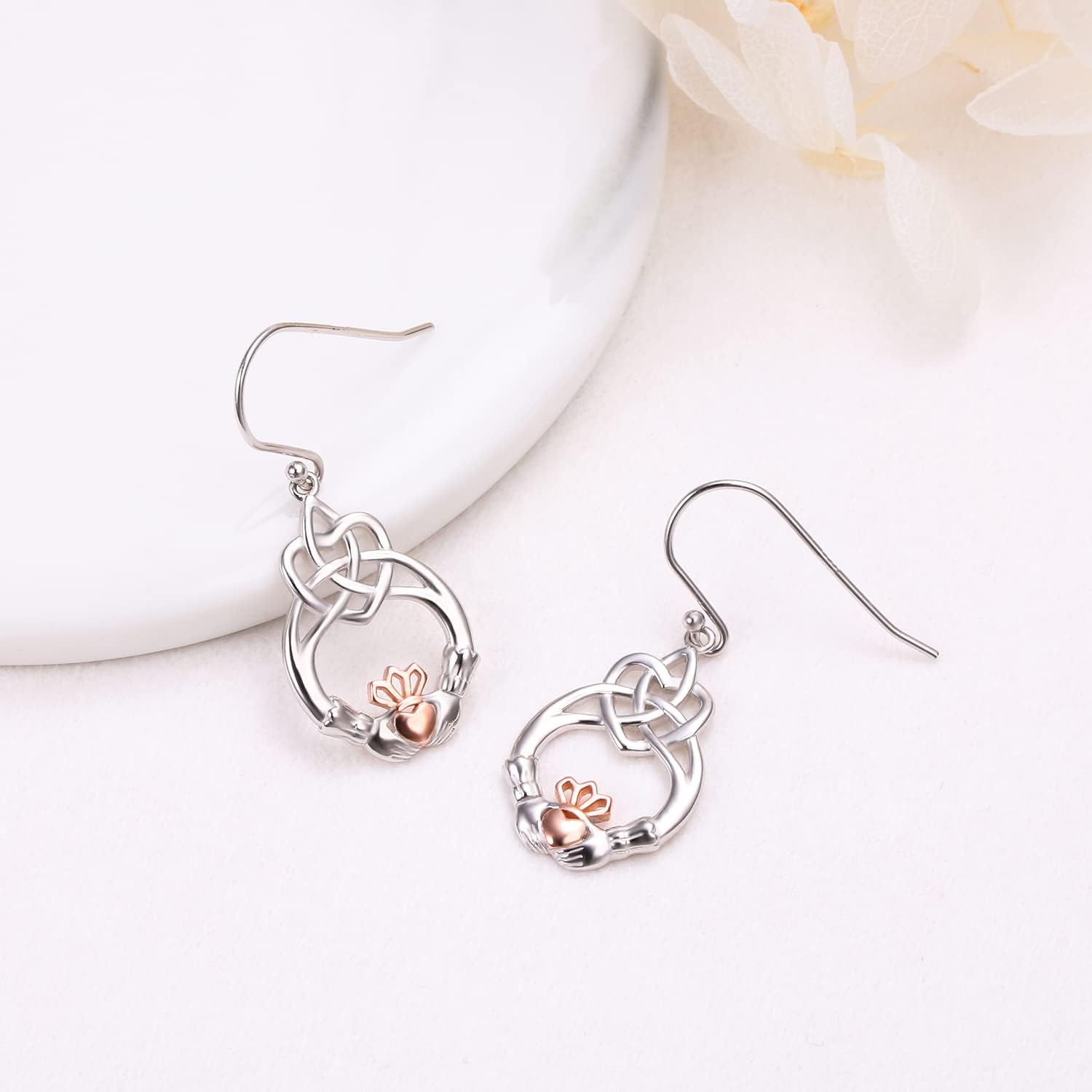 925 Sterling Silver Earrings for Women Celtic Knot Hypoallergenic Dangle Drop Wire Earrings Claddagh Rose Gold Friendship Jewelry Birthday Christmas Gift - Image 2