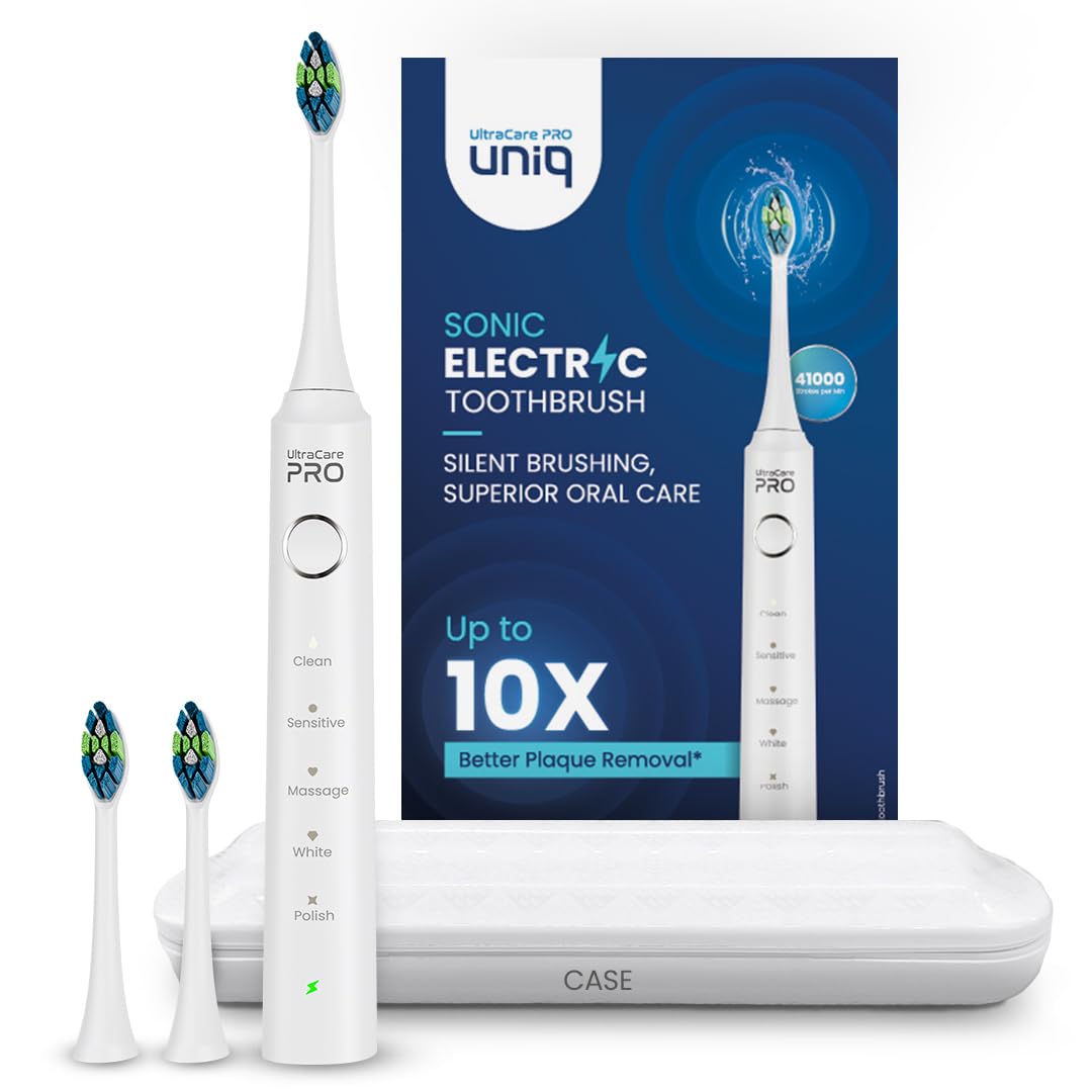 UltraCare PRO UNIQ SONIC Toothbrush For Adults - 2 Year Warranty - 3 Brush Heads - 5 Brushing Modes - Rechargeable - 41,000 Strokes/min - IPX7 Water Proof - QUAD change reminders - 2min Autoshut OFF