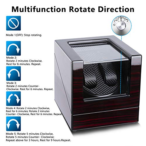 Kalawen Double Wooden Watch Winder for Automatic with Quiet Motor, Battery Powered or AC Adapter-5 Rotation Modes (Red)