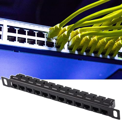 Panel de conexión de 12 puertos con alta integridad de señal y organizador Cat6 negro mate 7
