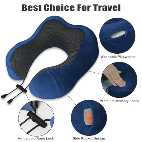 Image of Travel Pillow, Memory Foam Neck Pillow for Traveling, U Shape Neck Pillow Airplane Portable Flight Pillow Travel Kit with 3D Contoured Eye Masks and Earplugs for Plane Train Car Home Office - Blue