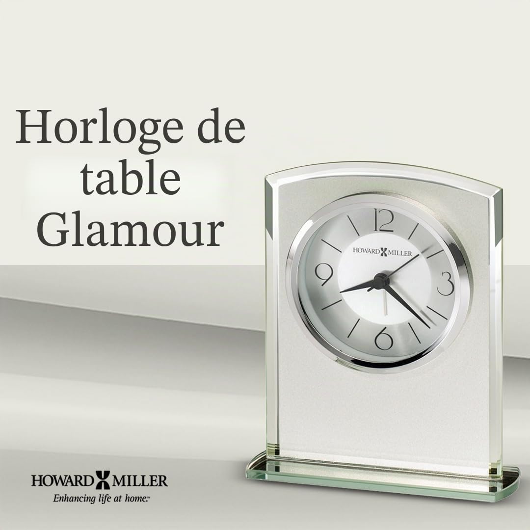 Howard Miller Glamour Horloge de Table 645771 – Horloge Moderne en Verre Dépoli avec Dessus Incurvé, Bords Biseautés en Miroir, Base en Verre Miroir, Alarme/Mouvement à Quartz