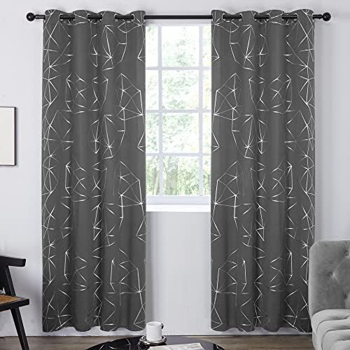 Deconovo Elegant Blackout Curtains, Noise Insulated Eyelet Curtains, Silver Floral Leaf Printed Thermal Insulated Curtains for Bedroom, 46 x 54 Inch(Width x Length), Black, 2 Panels