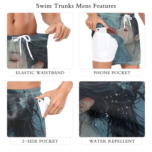 Rose Woman Chinese Mens Swim Trunks with Liner, Cool Quick Dry Beach Swim Shorts, Swimwear Bathing Suits S3