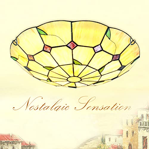 Lampada da soffitto Tiffany Camera da letto Stile rurale vintage, Plafoniera Lampada da soggiorno con paralume vetro rotondo stile pastorale mediterraneo Illuminazione da soffitto interni balcone,40cm