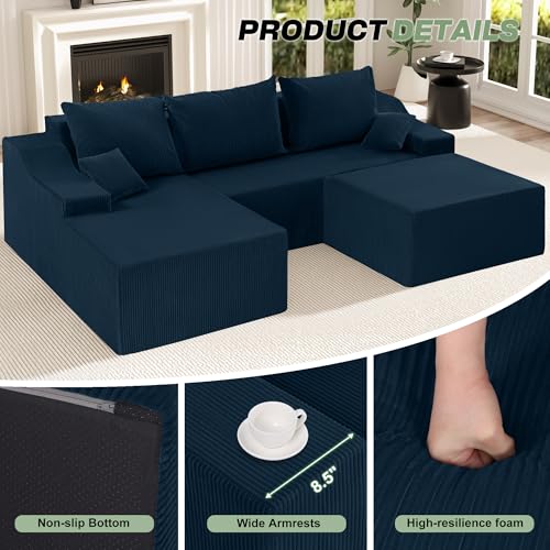 Image of HABUTWAY 94 inch U Shaped Modular Sectional Couch for Living Room, Modular Cloud Sofa with Ottoman, No Assembly Boneless Couches with Deep Seat, Corduroy Fabric (Blue, Left Facing)