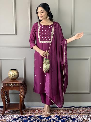Image of Naixa Women's Viscose Embroidered Straight Kurta with Viscose Pant and Silk Blend Printed Dupatta Sets (NK-430)