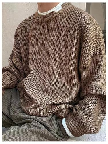 OYOANGLE Men's Round Neck Long Sleeve Knitted Sweater Drop Shoulder Ribbed Knit Pullover Solid Casual 2 in 1 Top3