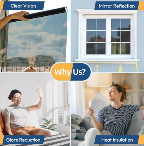 Image of WALLMATE One Way Window Privacy Film, Static Cling Removable Non-Adhesive UV Sun Heat Blocking Reflective Mirror Film, See Out Not in for Home and Office (Silver Black Film, 20x150 in)