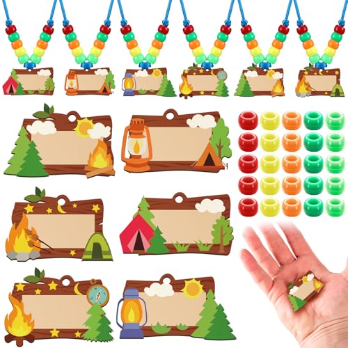 Geelin 24 Sets Camp Crafts Beaded Necklace Craft Kits Camping Party Favors Theme Name Tags Travel Adventure Gifts for Vbs Supplies Classroom Decorations Home Party Activities(Summer Camp)