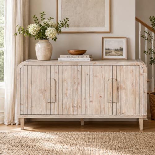 Image of Light Wood Sideboard Cabinet - Buffet Sideboard Storage Cabinet for Dining Room & Living Room - Farmhouse Storage Cabinet, Vintage Wood Finish, Entryway Accent Cabinet