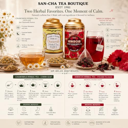 Image of Sancha Tea Boutique, Tea Combo Pack: Chamomile Herbal (50g) & Hibiscus Teas (25 Pyramid Bags), Calming & BP Control, Caffeine Tisanes