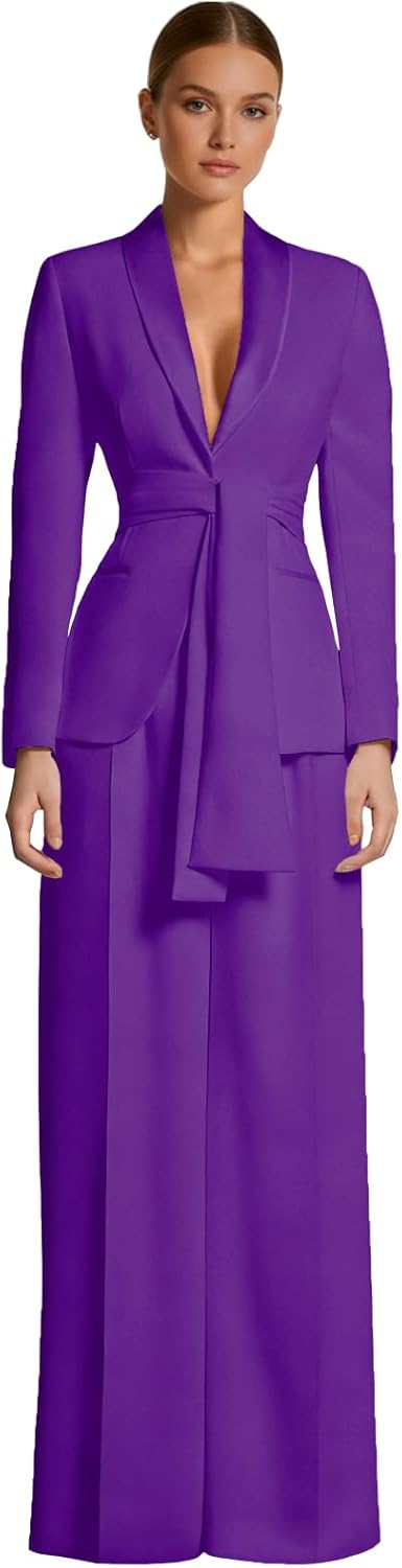 Satin Pant Suits for Women Long Sleeve Dressy Casual Wedding Guest Suit 2 Piece Womens Suit with Belt