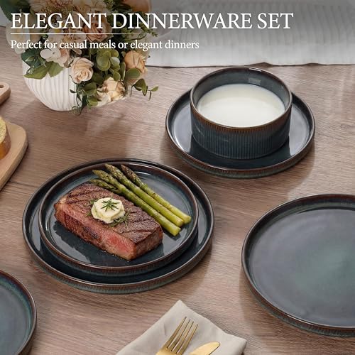 Image of E-far Stoneware Dinnerware Sets for 2, 6-Piece Plates and Bowls Sets, Chip & Scratch Resistant Ribbed Dish Set for Home Restaurant, Microwave & Dishwasher Safe, Blackish Green