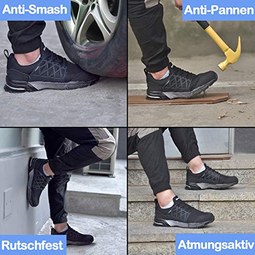 Foto von SUADEX Arbeitsschuhe Herren Sicherheitsschuhe Damen S3 Leicht Sportlich Arbeitsschutzschuhe Stahlkappenschuhe Atmungsaktiv rutschfest mit Stahlkappe, 1 Schwarz 43 EU