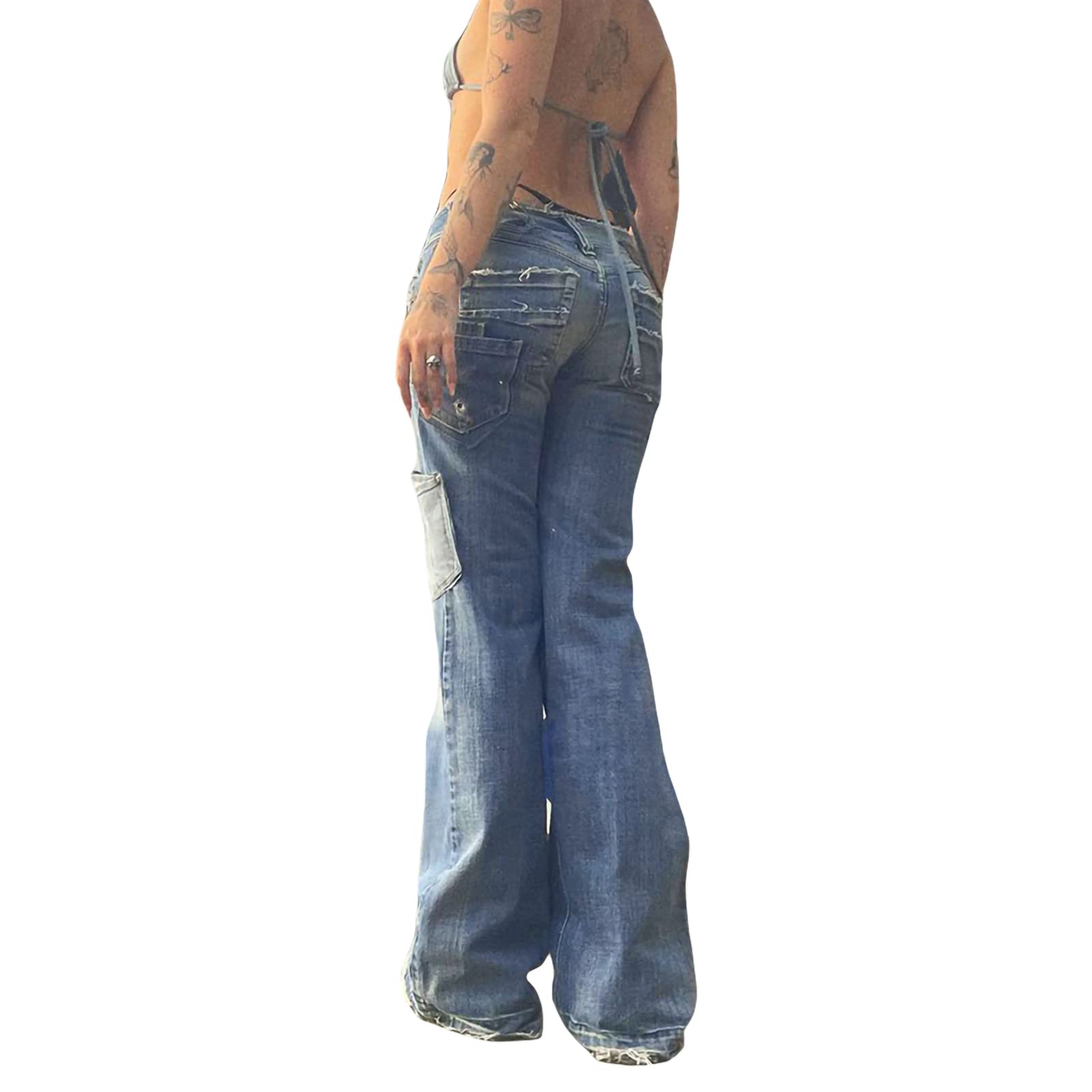 Damen Y2K Low Rise Straight Wide Leg Hose Ästhetische Baggy Pants Grunge Denim Schlaghose Harajuku Flare Jeans