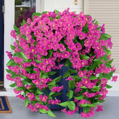 Image of Bassion 2 Pack Artificial Hanging Petunias Flowers for Outdoors, Fuschia | UV resistant, silk fake flowers, hanging morning glory trailing vines, porch garden spring summer planter decoration