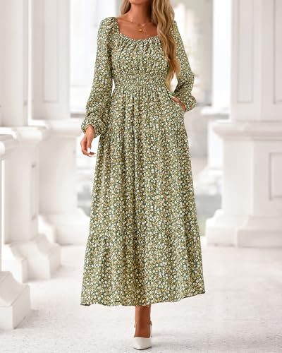 BTFBM Long Sleeve Dress for Women 2026 Spring Fall Boho Floral Square Neck Casual Flowy Long Wedding Guest Maxi Dresses(Floral Army Green, Small) - image 4