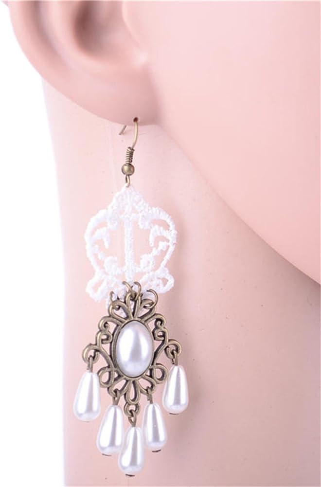 LUNA Womens Vintage Gothic White Lace Dangle Pearl Chandelier Hook Earrings Jewelry