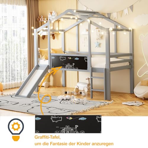 Merax Kinderbett 90×200 cm, Hochbett aus Massivholz, im Haus-Design mit Rutsche, Graffiti-Tafel, Multifunktionsbett, Einzelbett, platzsparendes Spielbett für Kinderzimmer, Grau (ohne Matratze)