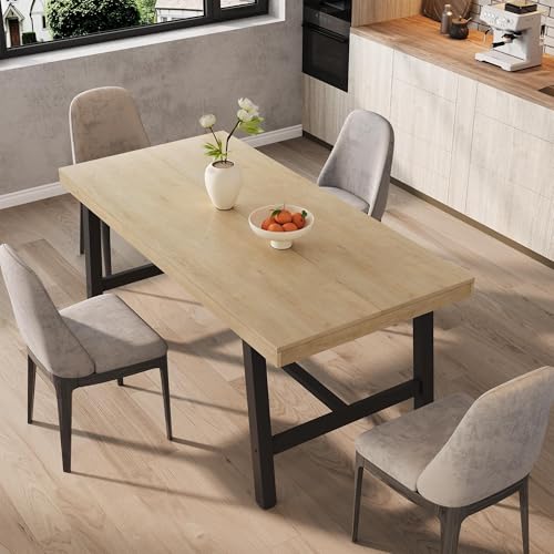 Image of GarveeHome Industrial Dining Table for 4-6 People, 63 inch Long Large Kitchen Table with Sturdy Metal Frame, Rectangular Counter for Dinner, Kitchen, Dining Room (Natural, 63 inch Non-extendable)