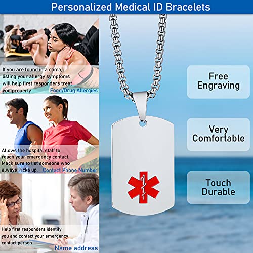 MEALGUET Personalized Medical Alert Necklace | Customized Stainless Steel Emergency Medical ID Dog Tag Pendant Necklace For Mens Womens ID Necklace - Thumbnail 5