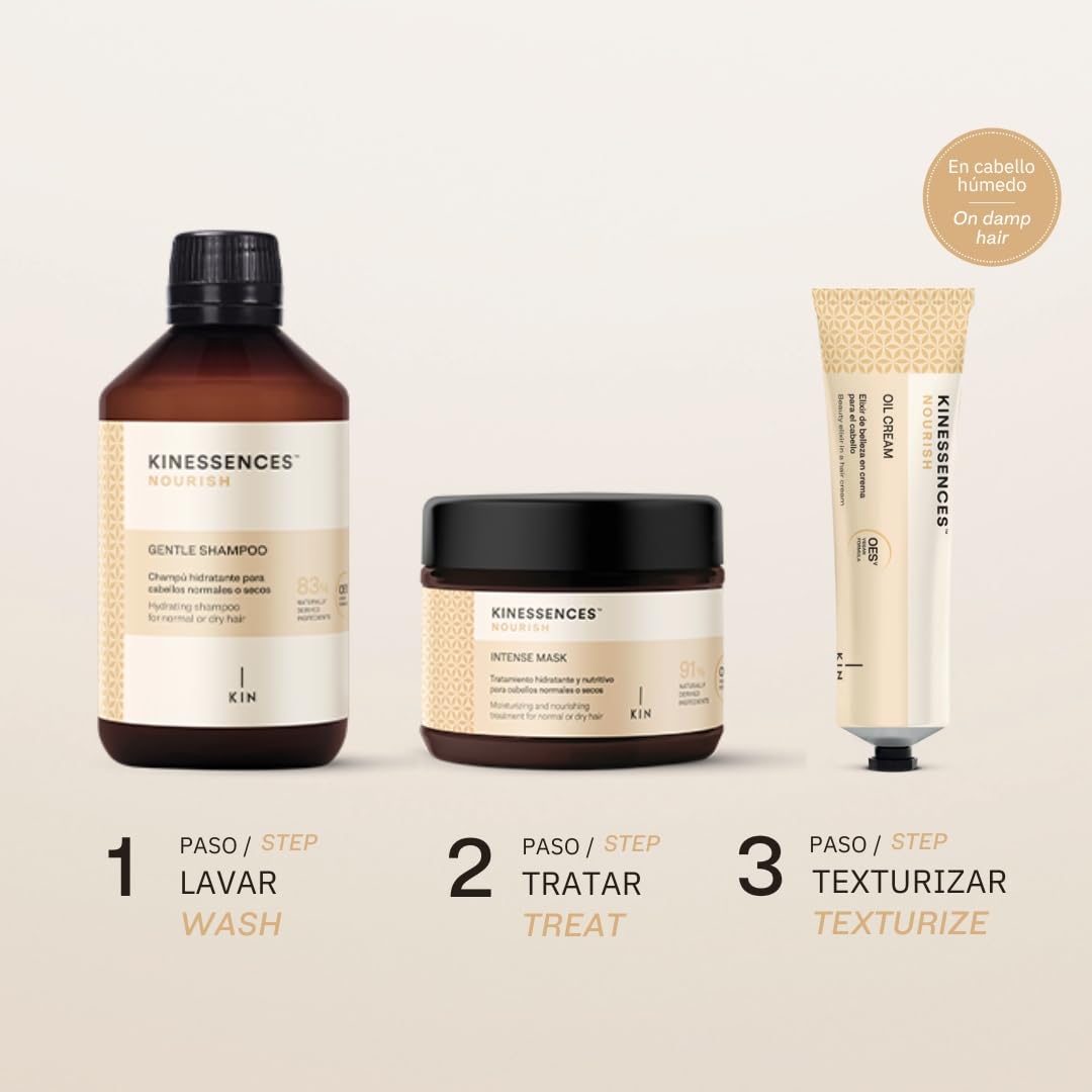 KIN Cosmetics KINESSENCES Nourish Shampoo + Intense Mask + Oil Cream Tratamiento hidratación cabellos normales secos