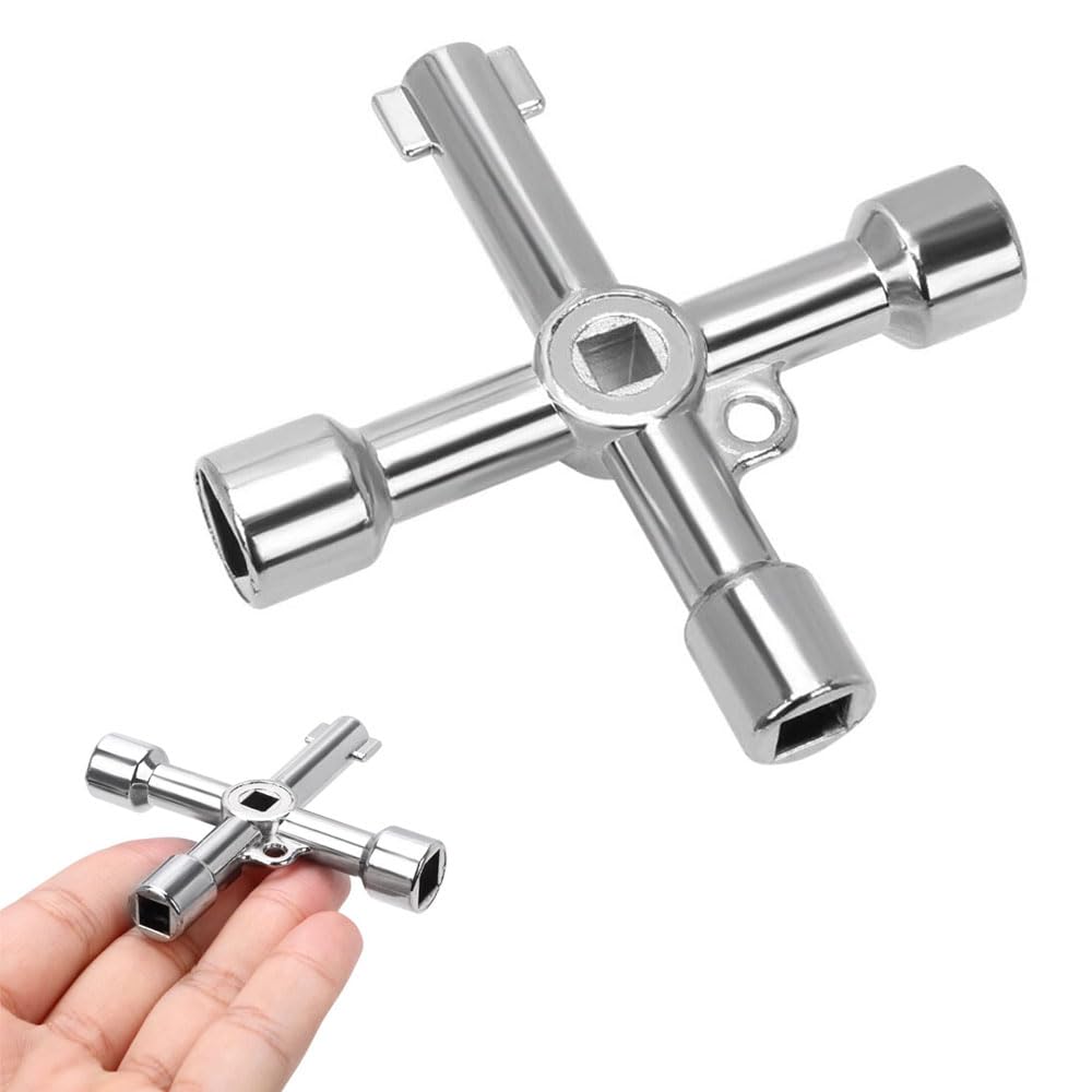 Fogcosy 1 Pcs Panel Key - 4-Way Utility Gas Meter Box Keys, Silver Electric Boxs Key, Triangle/Square/Panel Cross Holes for Gas, Valve, Spigots, Faucet, Electrical Cabinet Opening