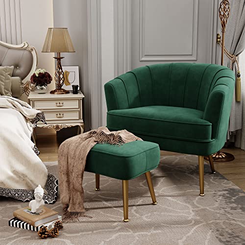 Andeworld Velvet Accent Chair With Ottoman, Upholstered Modern Single Sofa Side Chair,Comfy Barrel Club Living Room Armchair With Golden Metal Legs For Bedroom Living Reading Room Office, Green #TOP3
