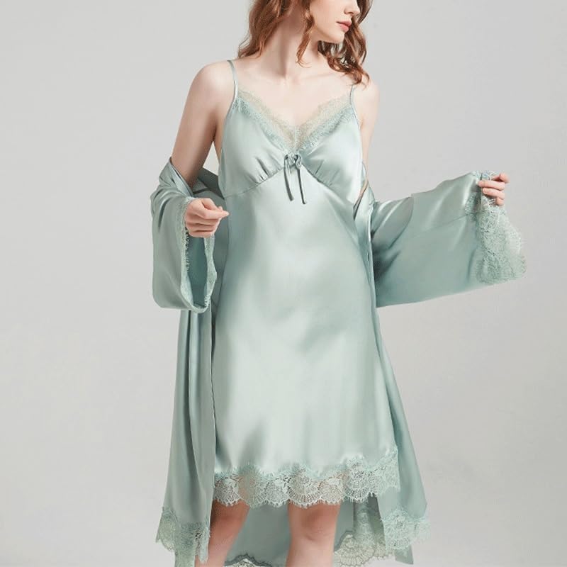 Straps Nightdres Robe Two-piece Set Nightgown Lace Satin Nightie Pajamas Suit