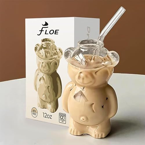 Honey Bear Straw Cup, Teddy Bear Glass Cup With Straw 12oz, Cute Mugs, Coffee Beer Wine Cocktail Drinks Glassware, baby shower gifts, baby shower party favors, cute cup