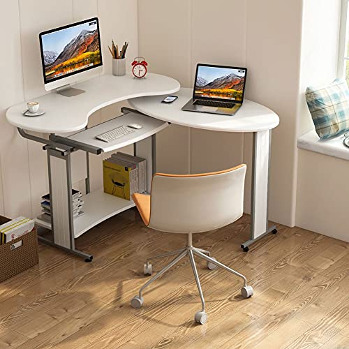 Little Tree L-Shaped Computer Desk, Rotating Corner Desk & Modern Office Study Workstation, For Home Office Or Living Room (White) #TOP7