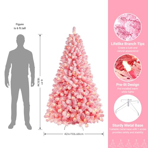 Image of SHareconn 6ft Snow Flocked Spruce Pre-lit Artificial Christmas Tree, Pink | 250 Warm White Incandescent Lights, 772 Branch Tips, Foldable Metal Stand, Full Snow Flocked Xmas Tree for Holiday Decor