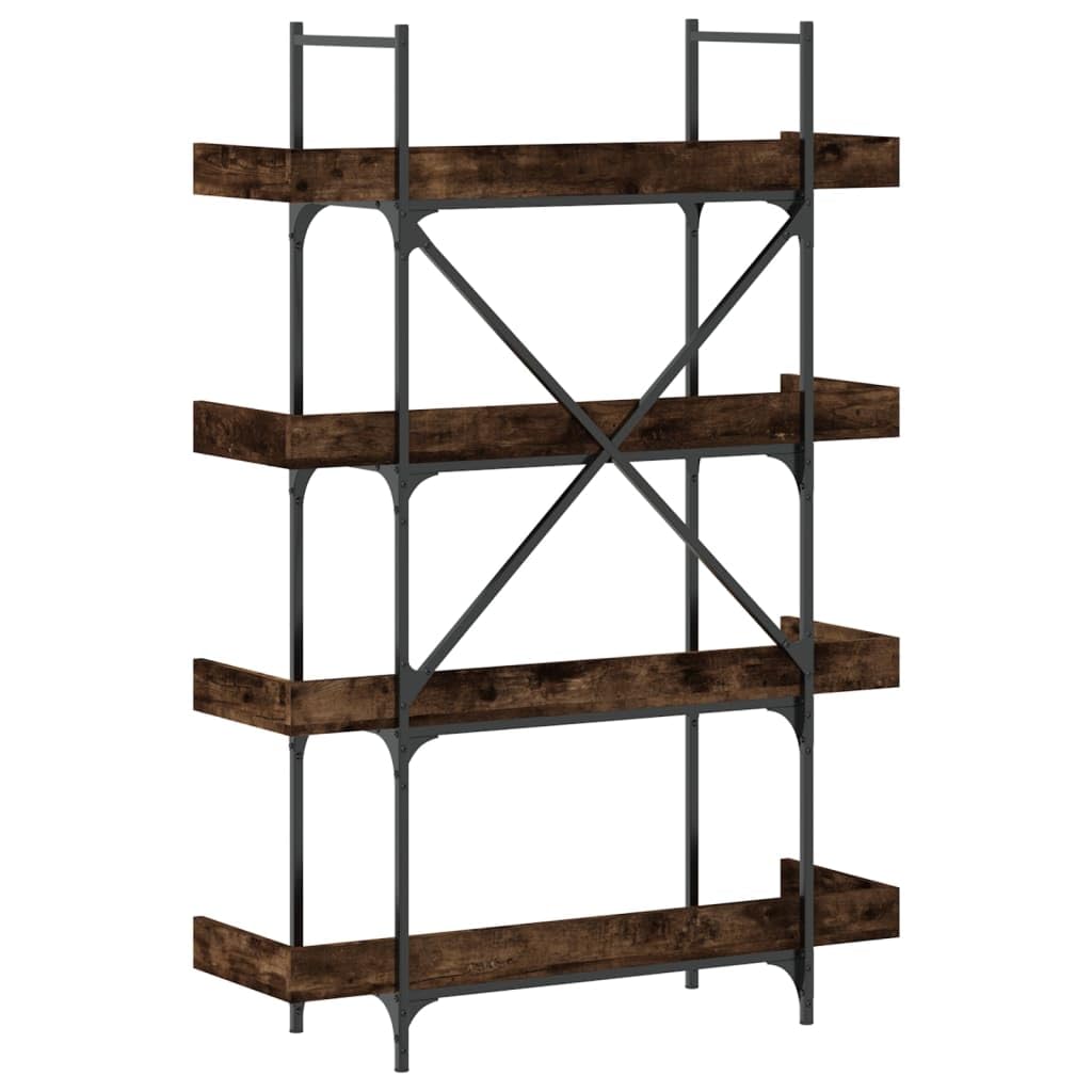 Estantería de 4 estantes roble ahumado 100 x 33 x 145,5 cm de material de madera moderna con marco de metal en X para sala de estar, dormitorio, oficina