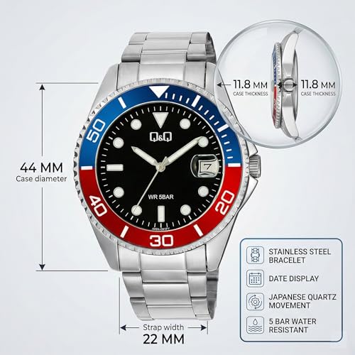 Image of Q&Q Analog Watch for Men | Black Dial with Date Display | Stainless Steel Silver Strap | Fixed Blue Red Bezel Design | 5 BAR Water Resistant | Quartz Men's Wrist Watch | A49A-001PY