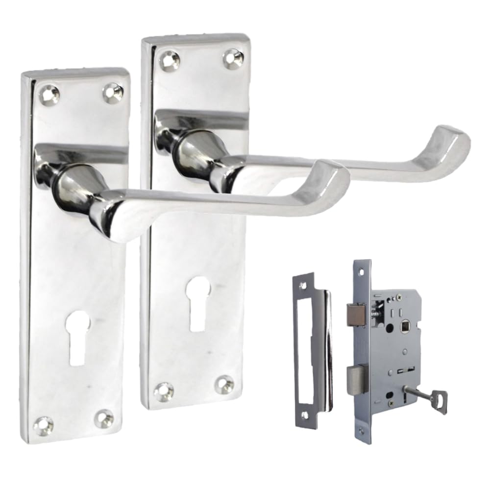 Epsom Door Handle Silver Victorian Scroll Door Handles - Polished Chrome Back Plate (Pair Lock Handles + 3 Lever Sash Lock)