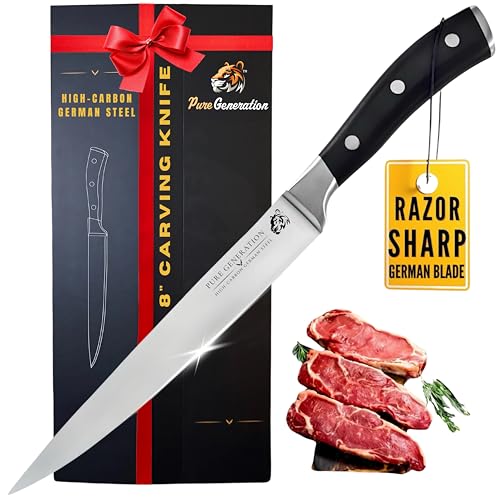 Pure Generation 8' Carving Knife for Meat – Butcher Knife, Razor Sharp German Steel Slicing Knife with Ergonomic Handle for Turkey, Ham, Fruits, and Meat Cutting