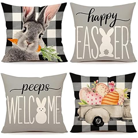 Easter Pillow Covers 16x16 Set of 4 Easter Decorations for Spring Farmhouse Pillows Easter Decorative Throw Pillows Buffalo Plaid Bunny Eggs Welcome Peeps Throw Cushion Case for Home Decor TH163-16 Cover