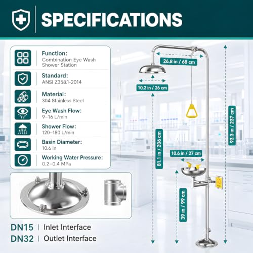 Image of 304 Stainless Steel Combination Emergency Eye Wash Station with Shower，OSHA Approved，ANSI Z358.1-2014 Standards with Emergency Sign, NPT Threads, Industrial Grade for First Aid