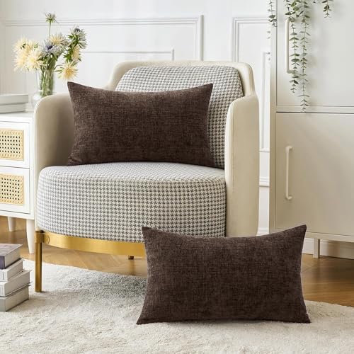 Image of MIULEE Pack of 2 Dark Brown Throw Pillow Covers 12x20 Inch Soft Chenille Lumbar Pillow Covers for Sofa Living Room Couch Fall Home Decor Solid Dyed Cases