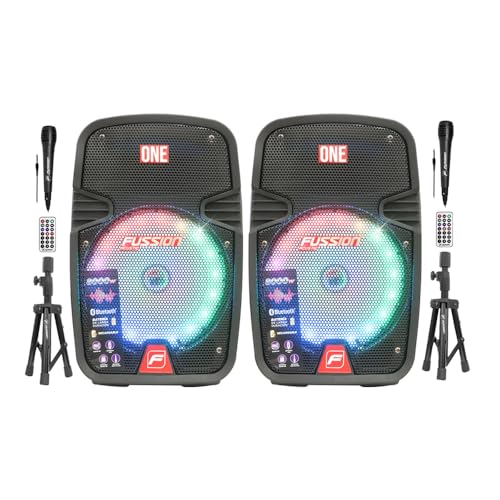 FUSSION ACUSTIC Kit 2 Bafles Recargables 8' PBS-8027 con 2 Trípodes y 2 Micrófonos Bluetooth - Bocina de AudioPro con Aro de Luz LED Multicolor