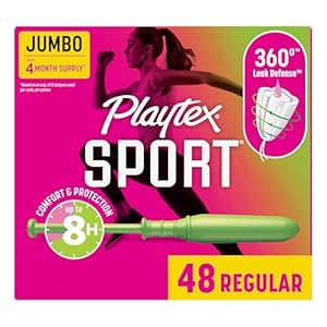 Playtex Sport Tampons Regular Absorbency, Fragrance-Free – 48ct | Regular Tampons for Women, Feminine Care, Playtex Tampon with 360 Leak Defense